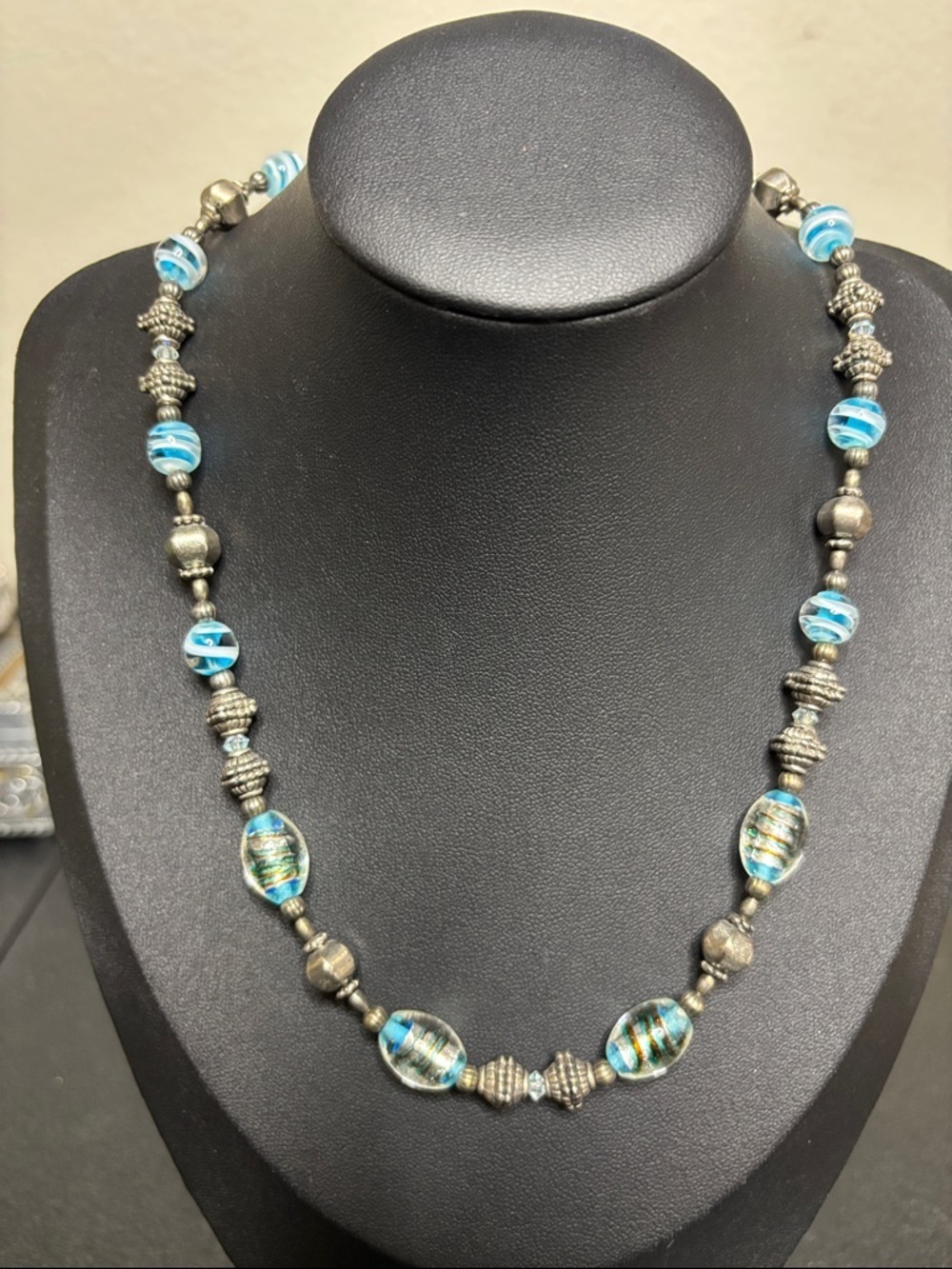 Vintage Handcrafted Blue Glass and Silver-Tone Bead Necklace